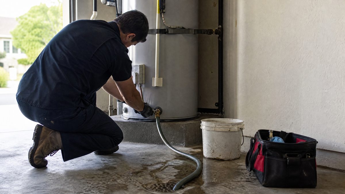 Licensed plumber flushing sediment from a residential tank water heater in a Hollister garage