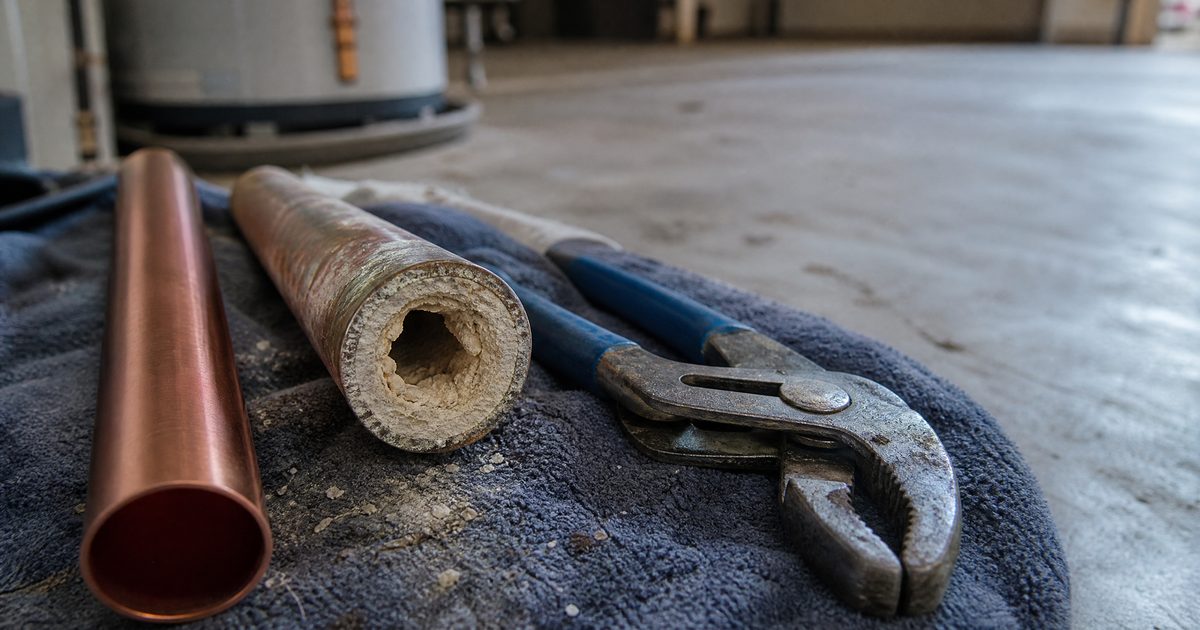 Cutaway of a Hollister home's copper water line showing heavy calcium scale buildup next to a new copper pipe