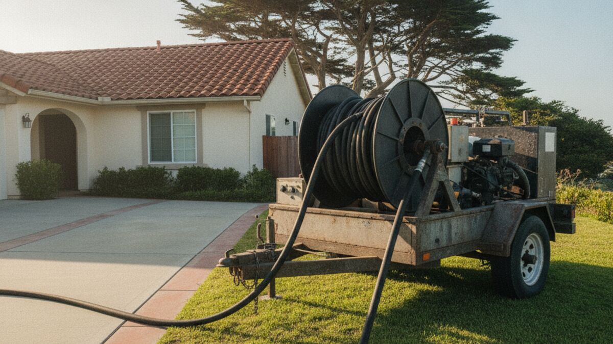Trailer-mounted hydro jetting machine with a hose reel on a home driveway, its hose fed into an open sewer cleanout in the lawn