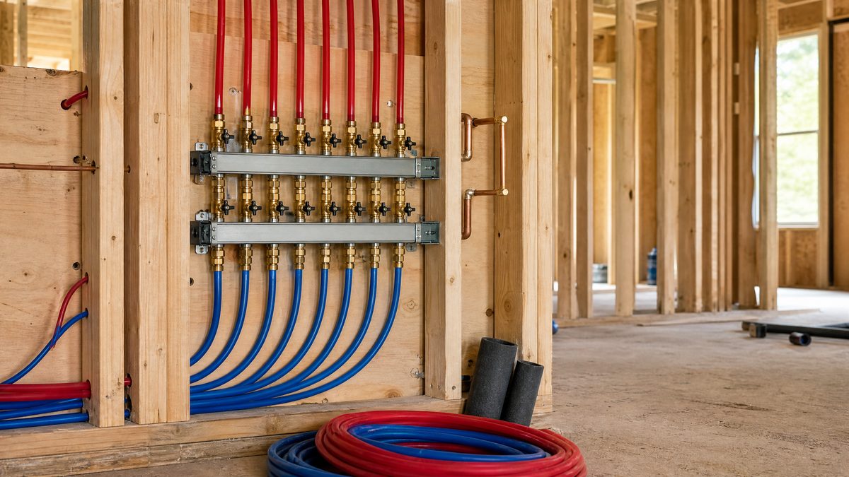 PEX distribution manifold with red and blue supply lines installed between wall studs during new construction top-out