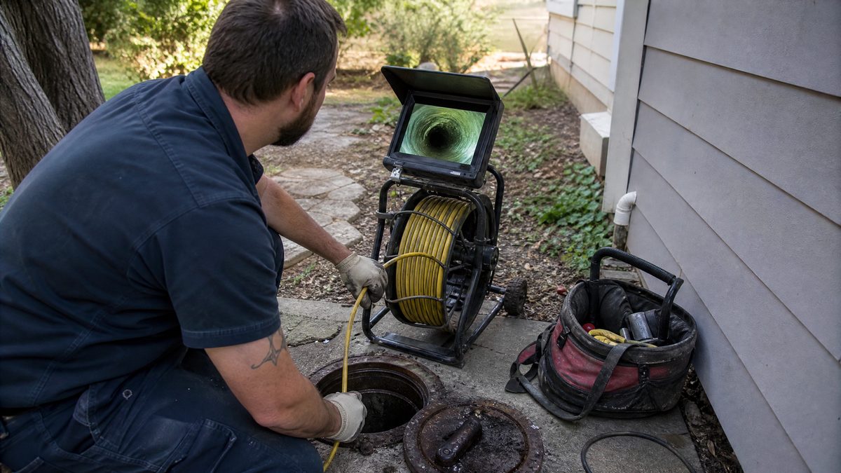 Plumber running a sewer camera inspection through an open cleanout to diagnose a blocked main line