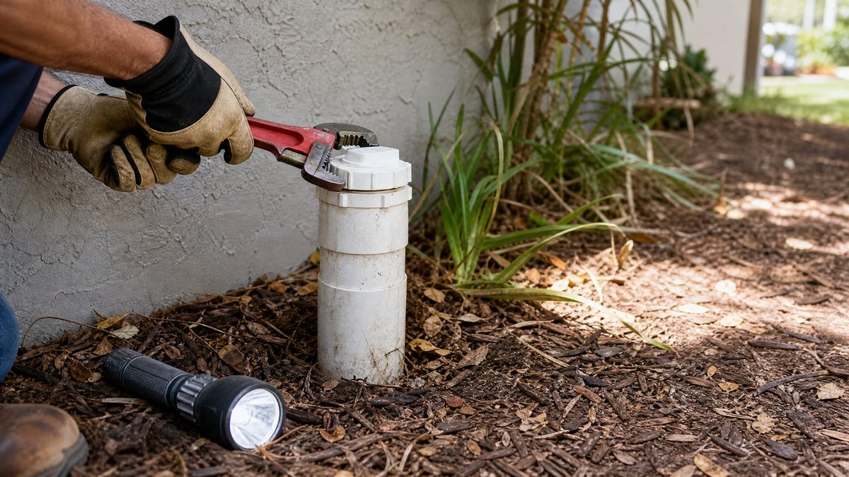 Gloved hands opening the cap on an exterior PVC sewer cleanout beside a home foundation during a sewer backup