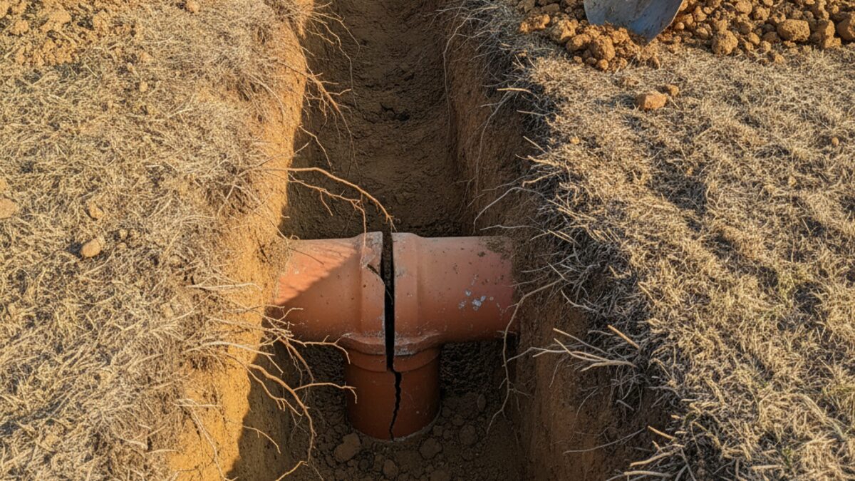 Cracked clay sewer pipe fitting exposed at the bottom of a narrow trench in a dry residential front yard, with roots around it