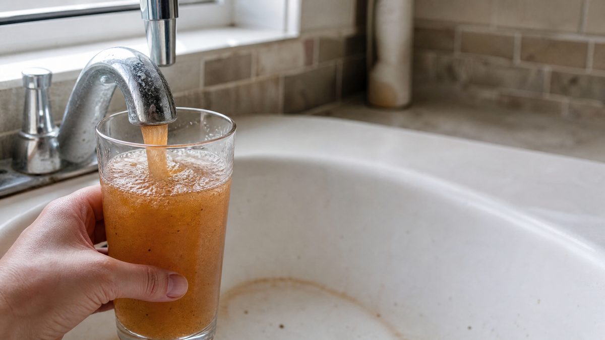 Rusty brown discolored hot water filling a clear glass at a faucet, a warning sign of a failing water heater
