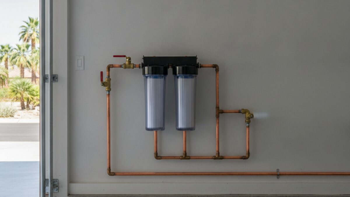 Two-stage whole-house water filter housings plumbed into the copper main water line on a garage wall, with shut-off valves